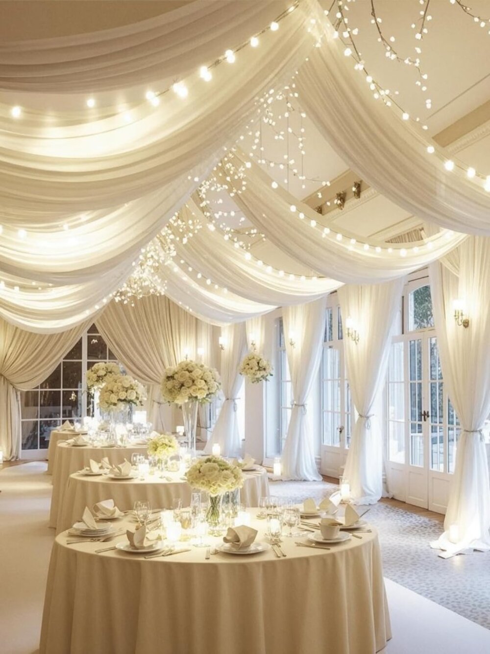 Ivory Ceiling Drapes with Lights - String Drapes for Wedding & Party Decorations